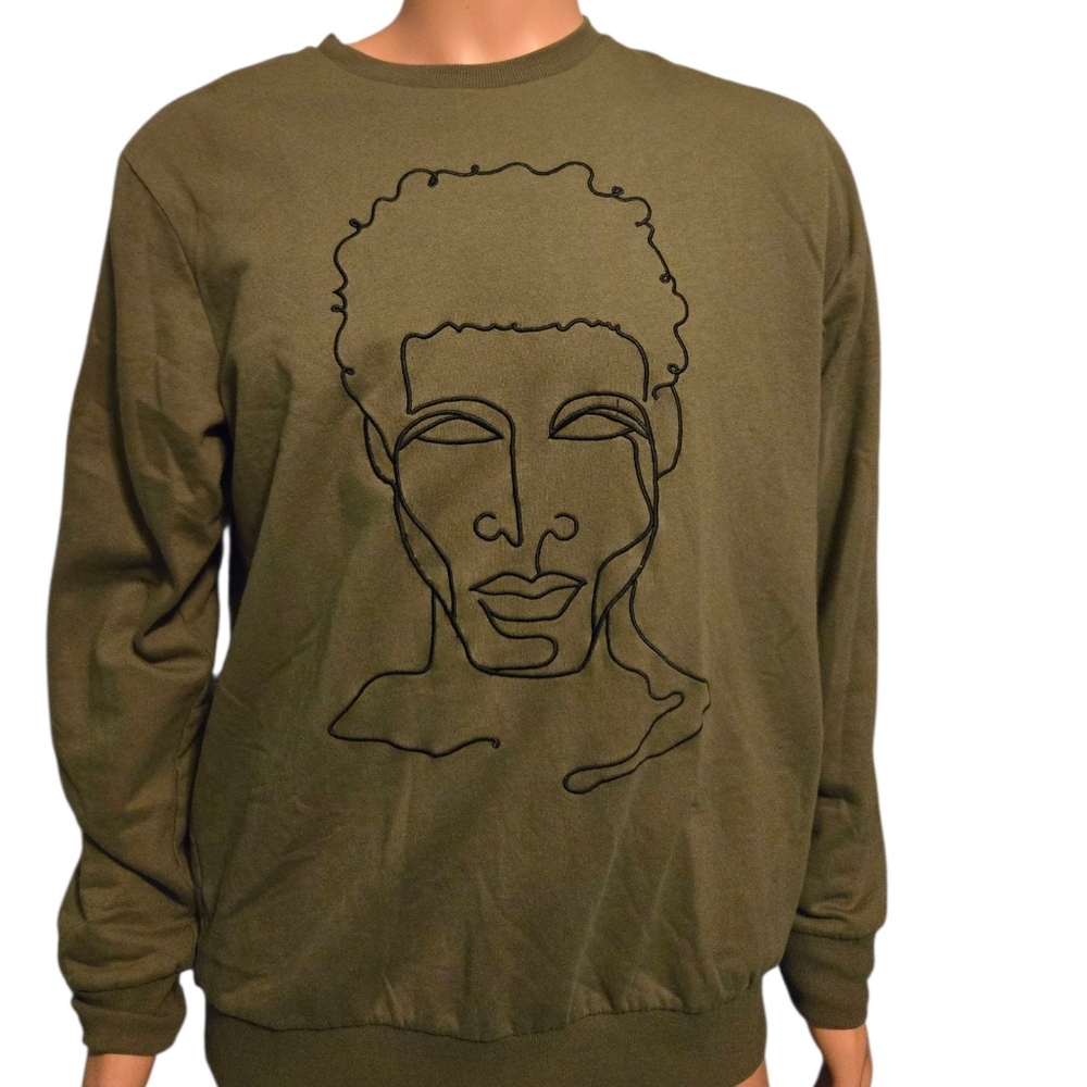 Well Worn Olive Crewneck Sweater with Artistic Design